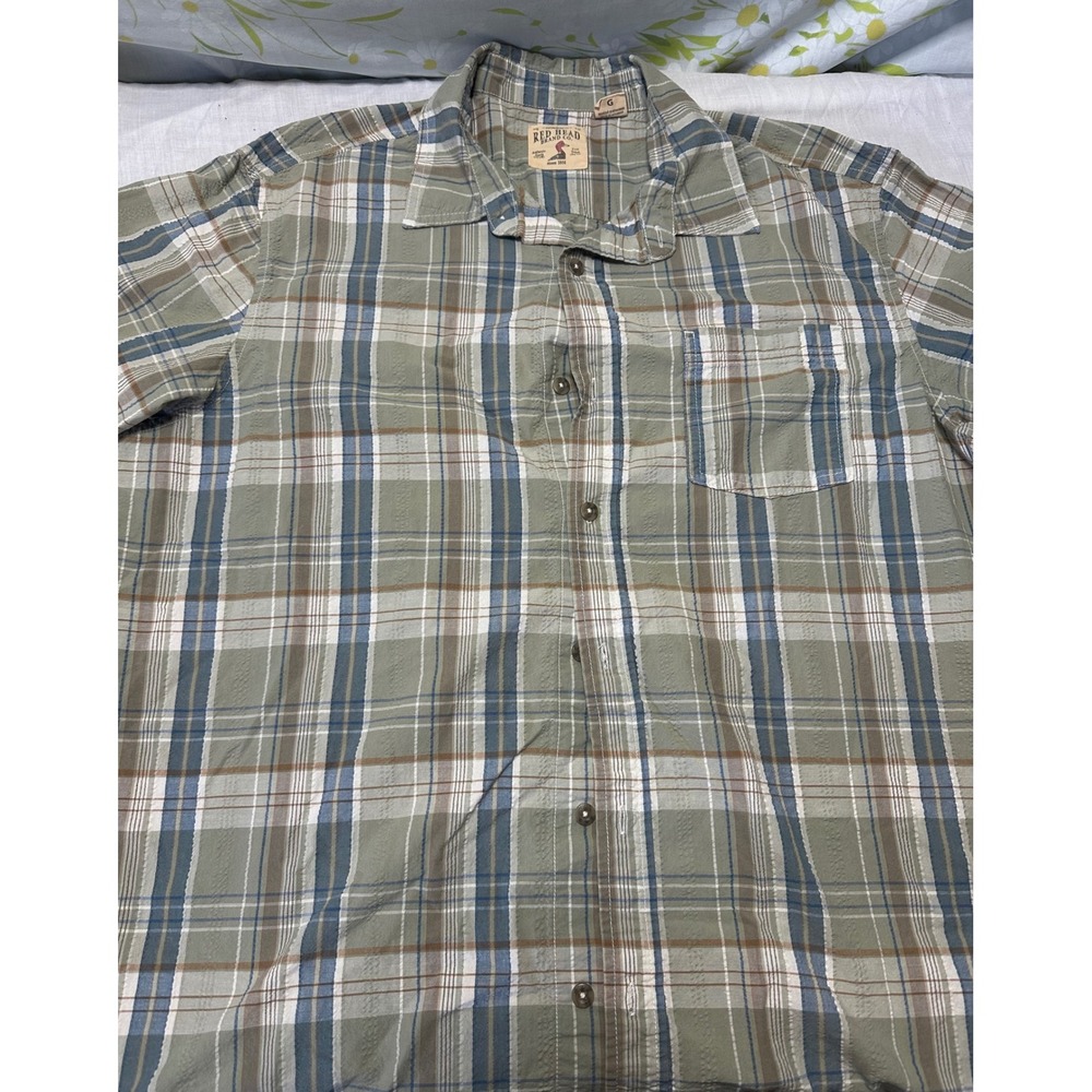 Red Head Brand Co Mens Large Green Plaid Short Sleeve Button Down Shirt Pocket